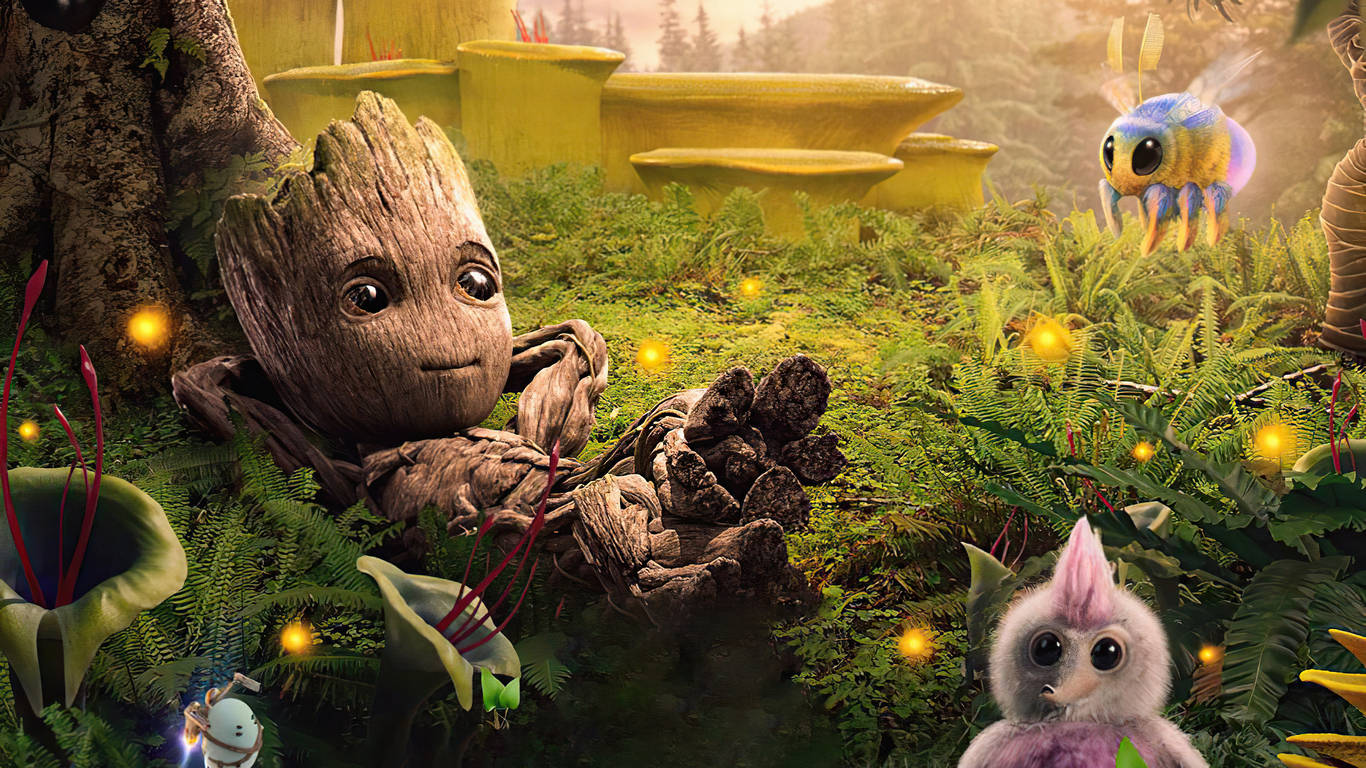 1366 X 768 Marvel Cute Baby Groot Wallpaper