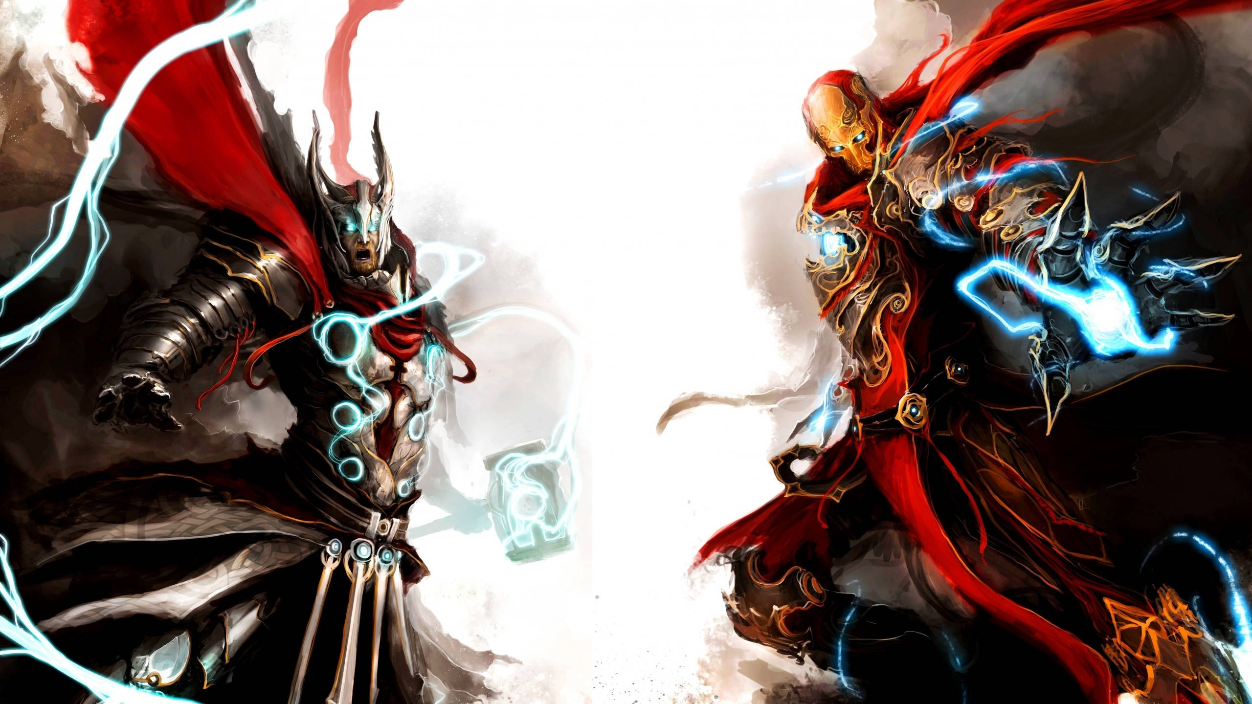 2560x1440 Marvel Thor Iron Man Electricity Wallpaper