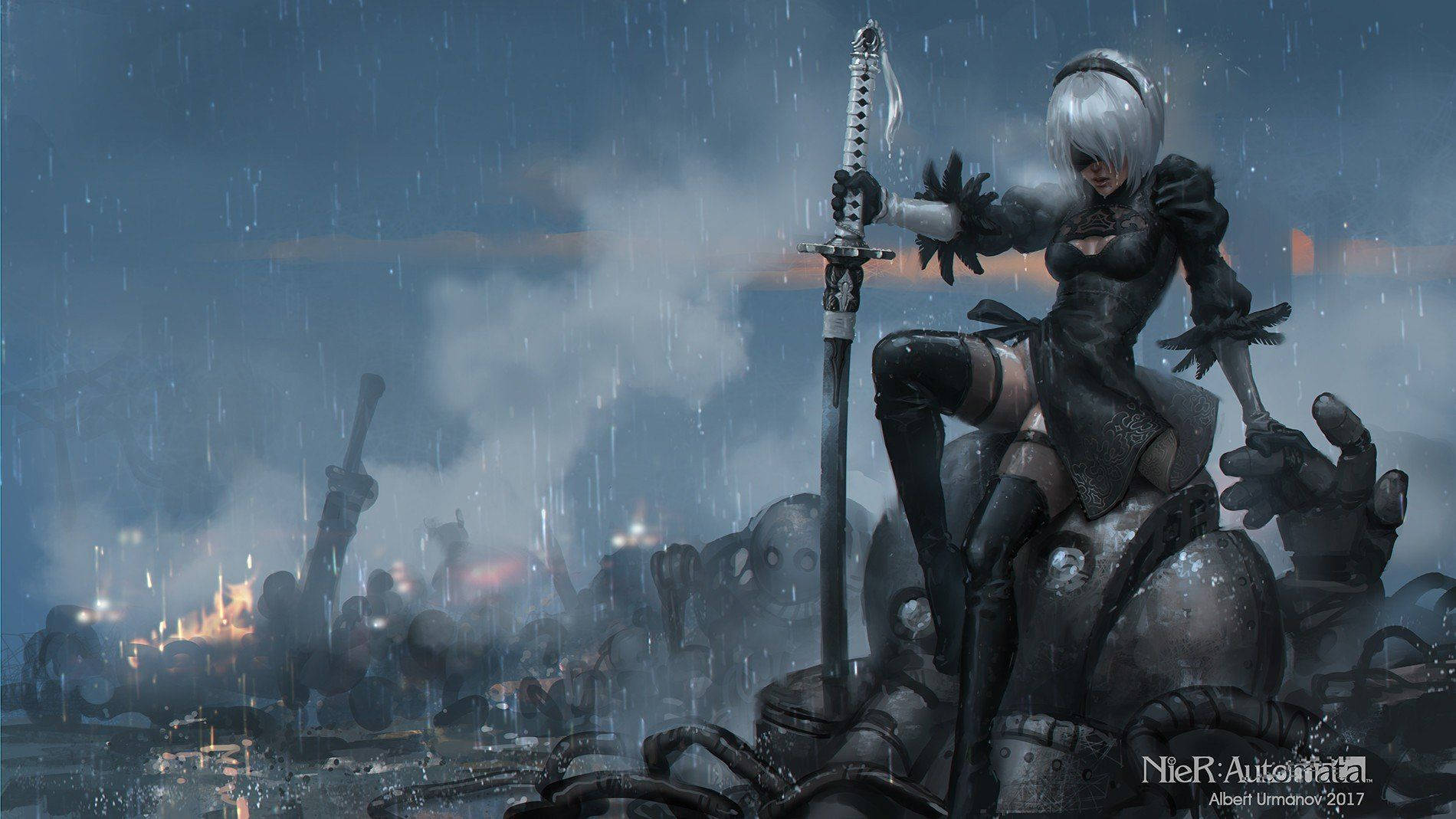 2b Bravely Strives Through The Rain Wallpaper