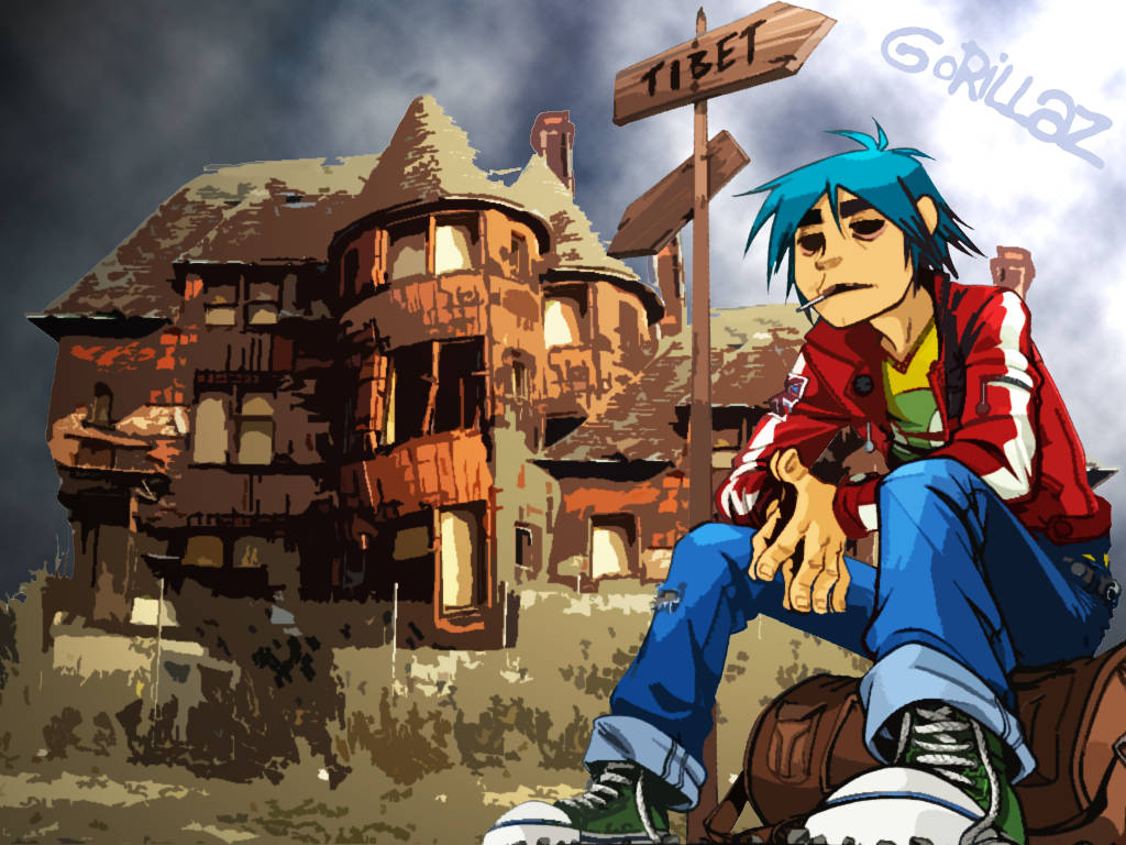 2d From Gorillaz Calmly Resting On A Park Bench. Wallpaper