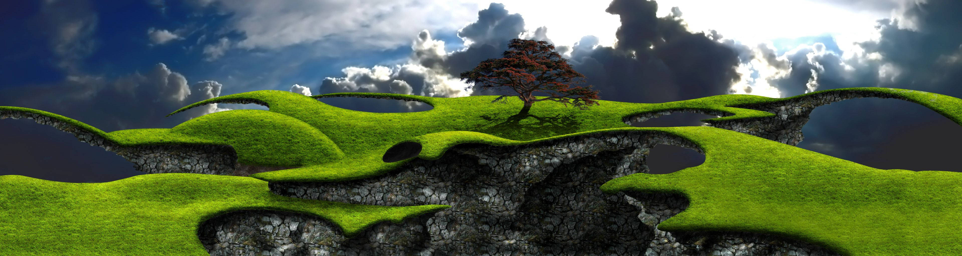 3 Monitor Green Landscape Wallpaper