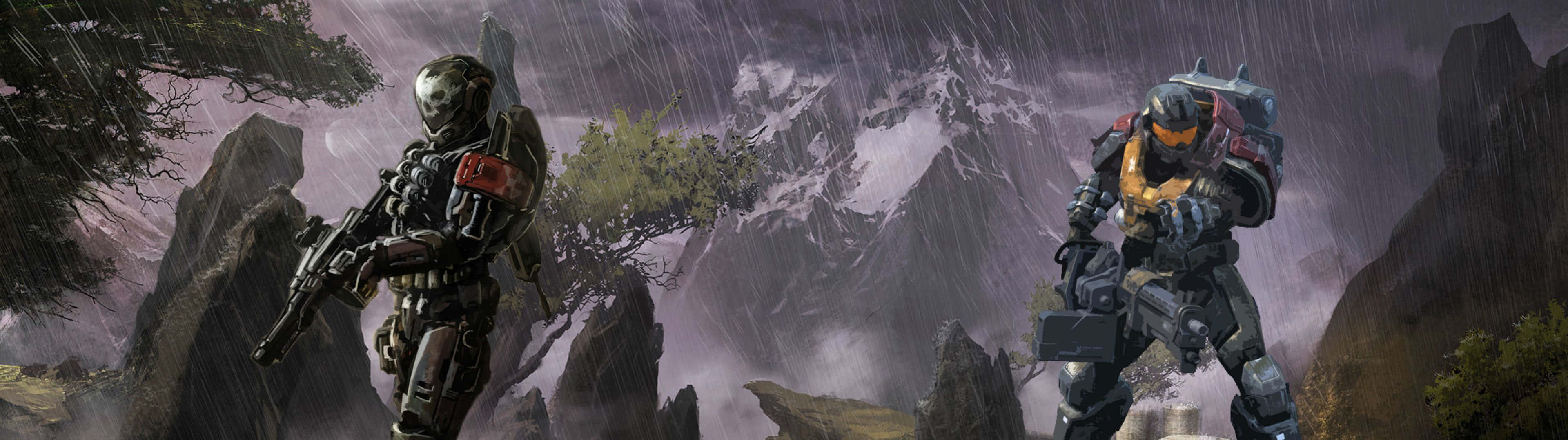 3840 X 1080 Gaming Halo Under Rain Wallpaper