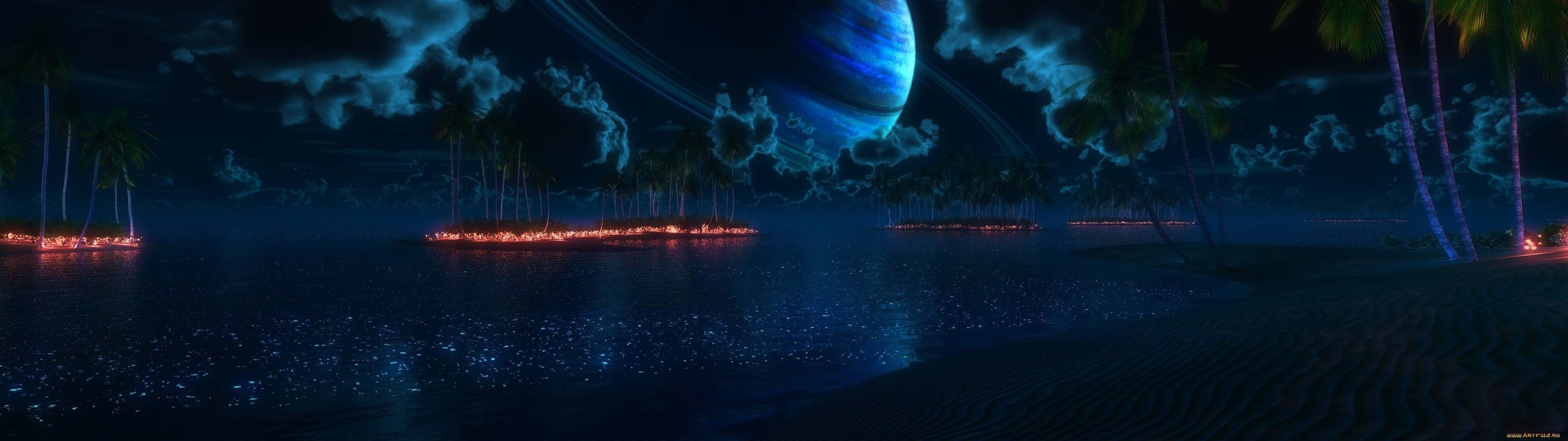 3840x1080 4k Beach And Saturn Wallpaper