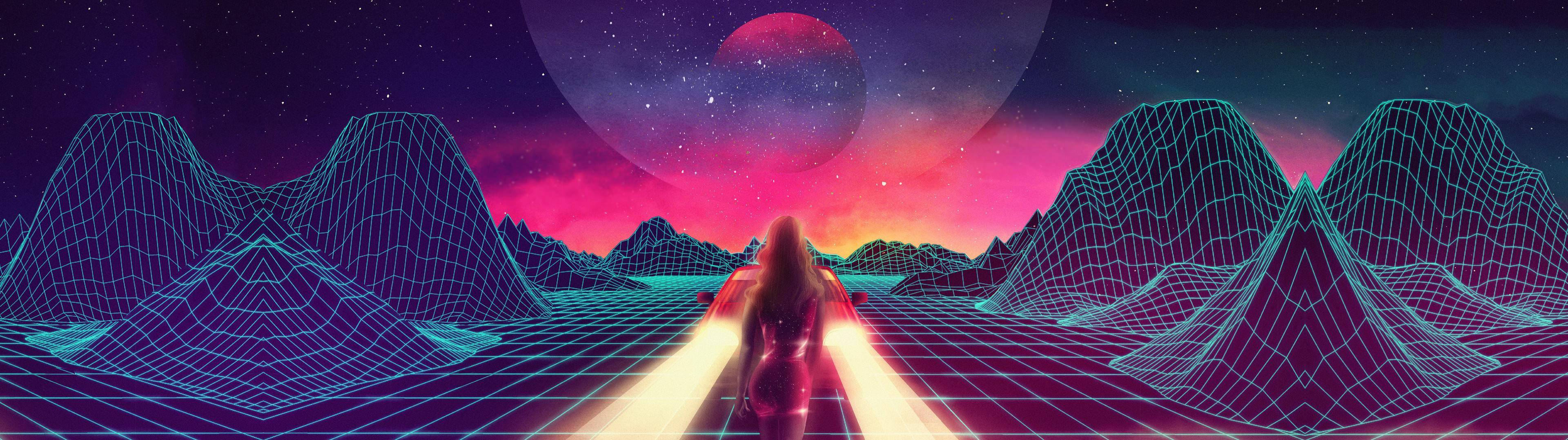 3840x1080 4k Retrowave Girl Wallpaper