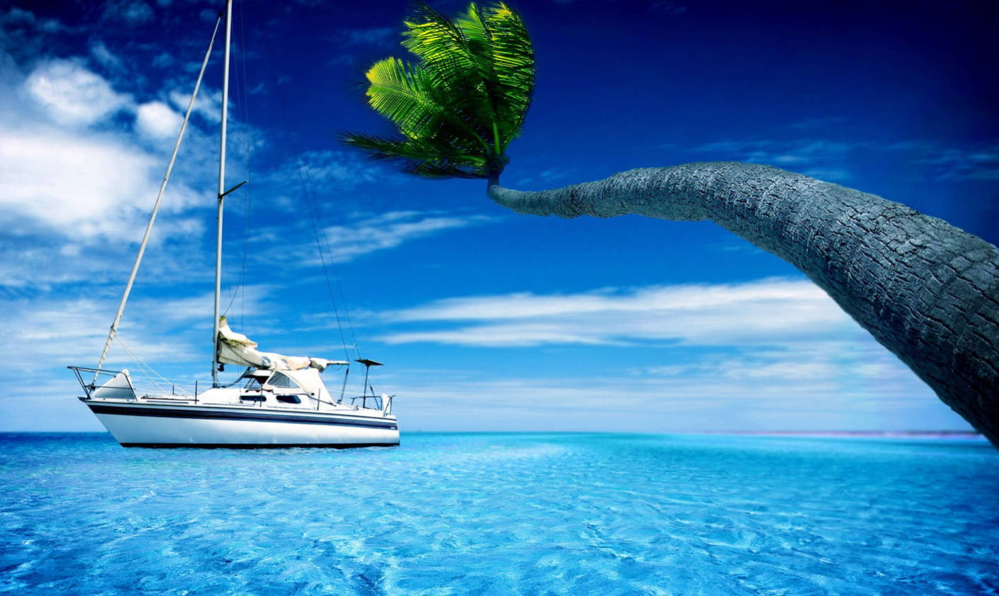 3d Nature Boat And Tree In Ocean Wallpaper