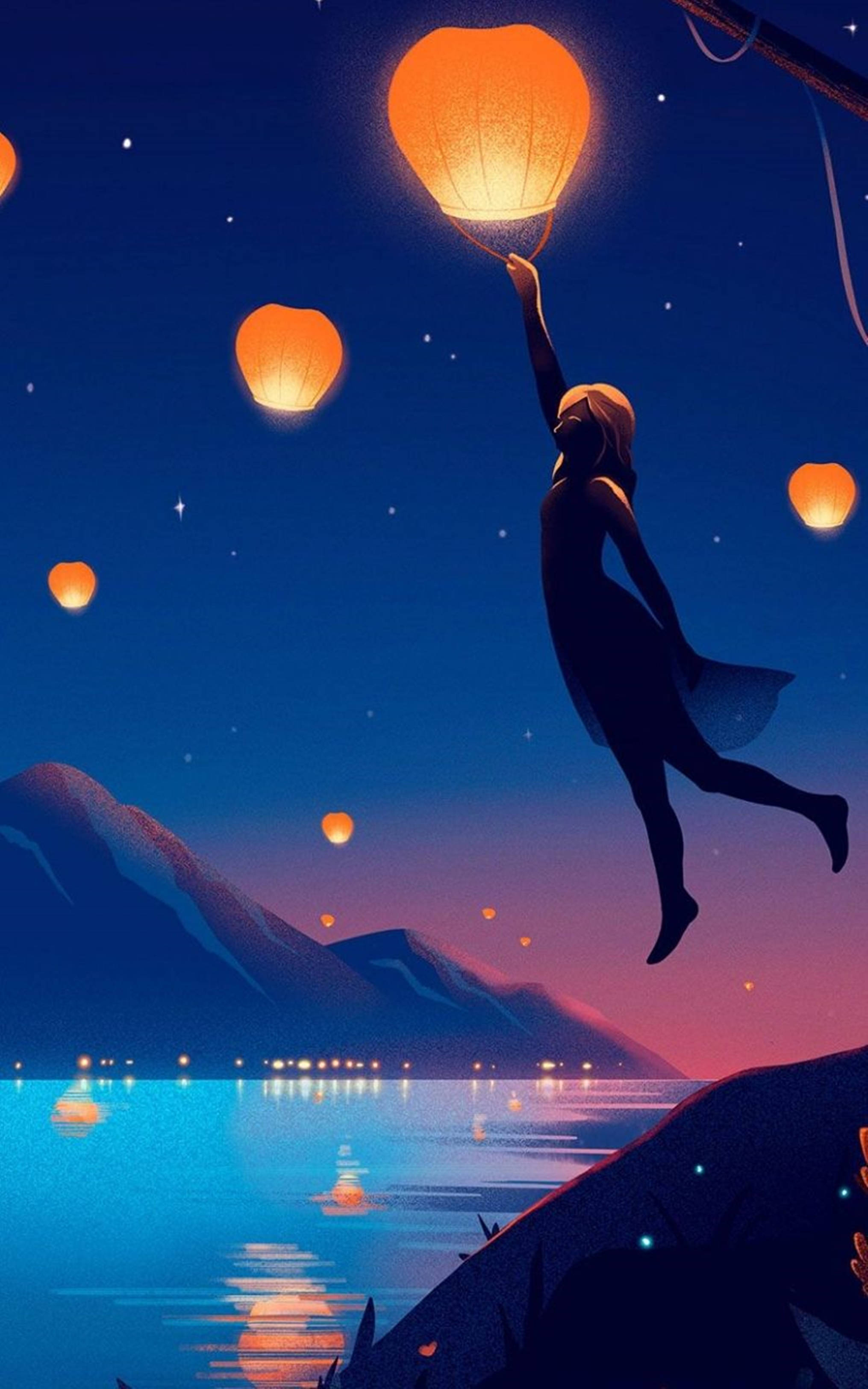 4k Anime Iphone Girl Grabbing Floating Lantern Wallpaper