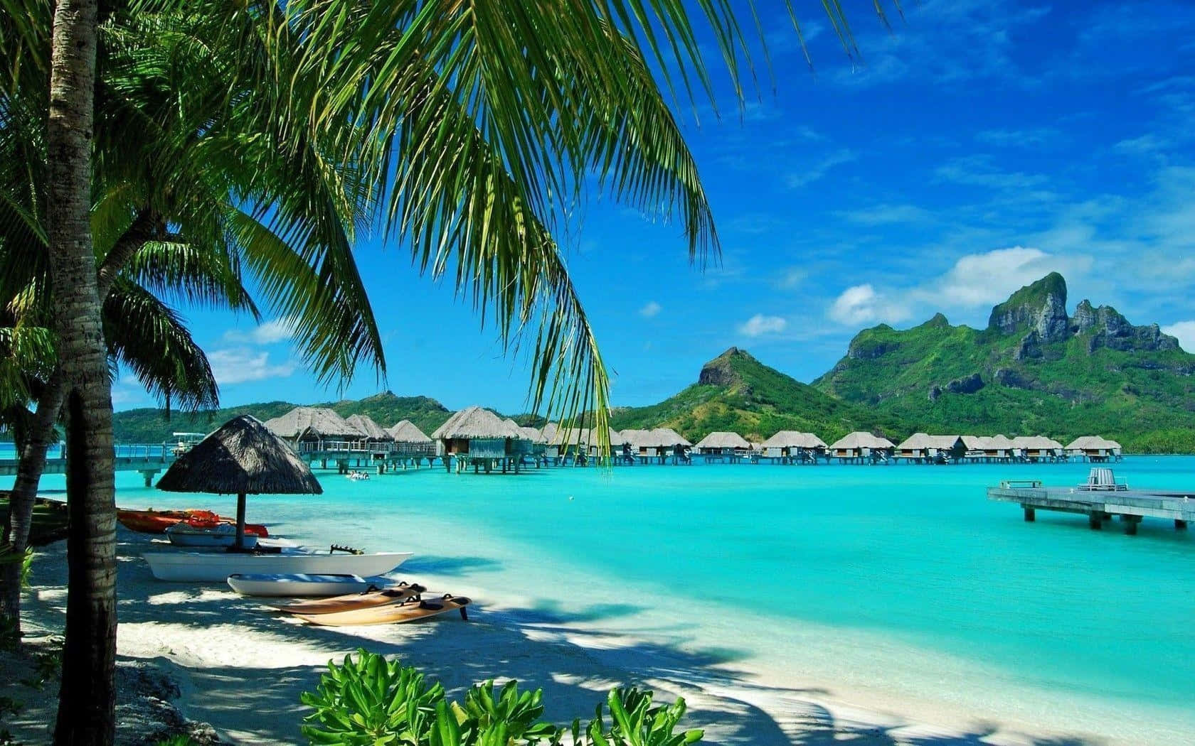 A Beach With Palm Trees And A Beach Hut Wallpaper