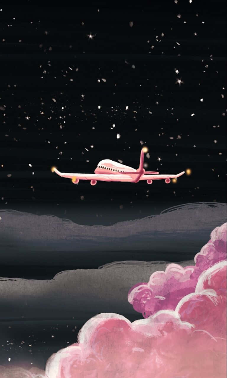 A Beautiful Pink Airplane Flying Against A Bright Blue Sky Wallpaper