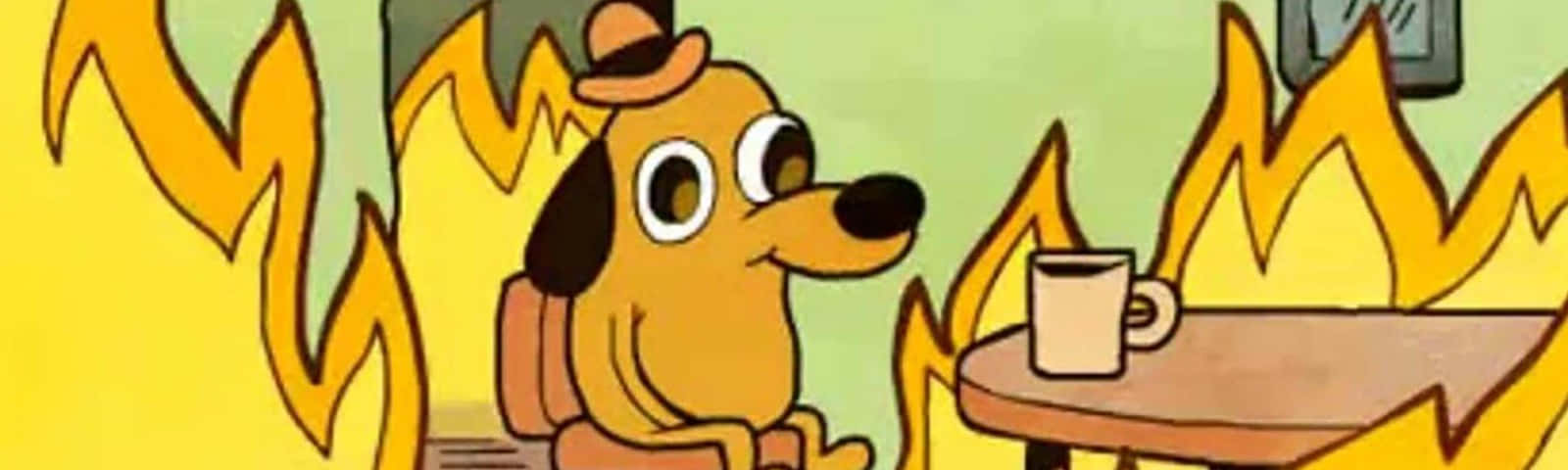 A Cartoon Dog Sitting At A Table With Fire In Front Of Him Wallpaper