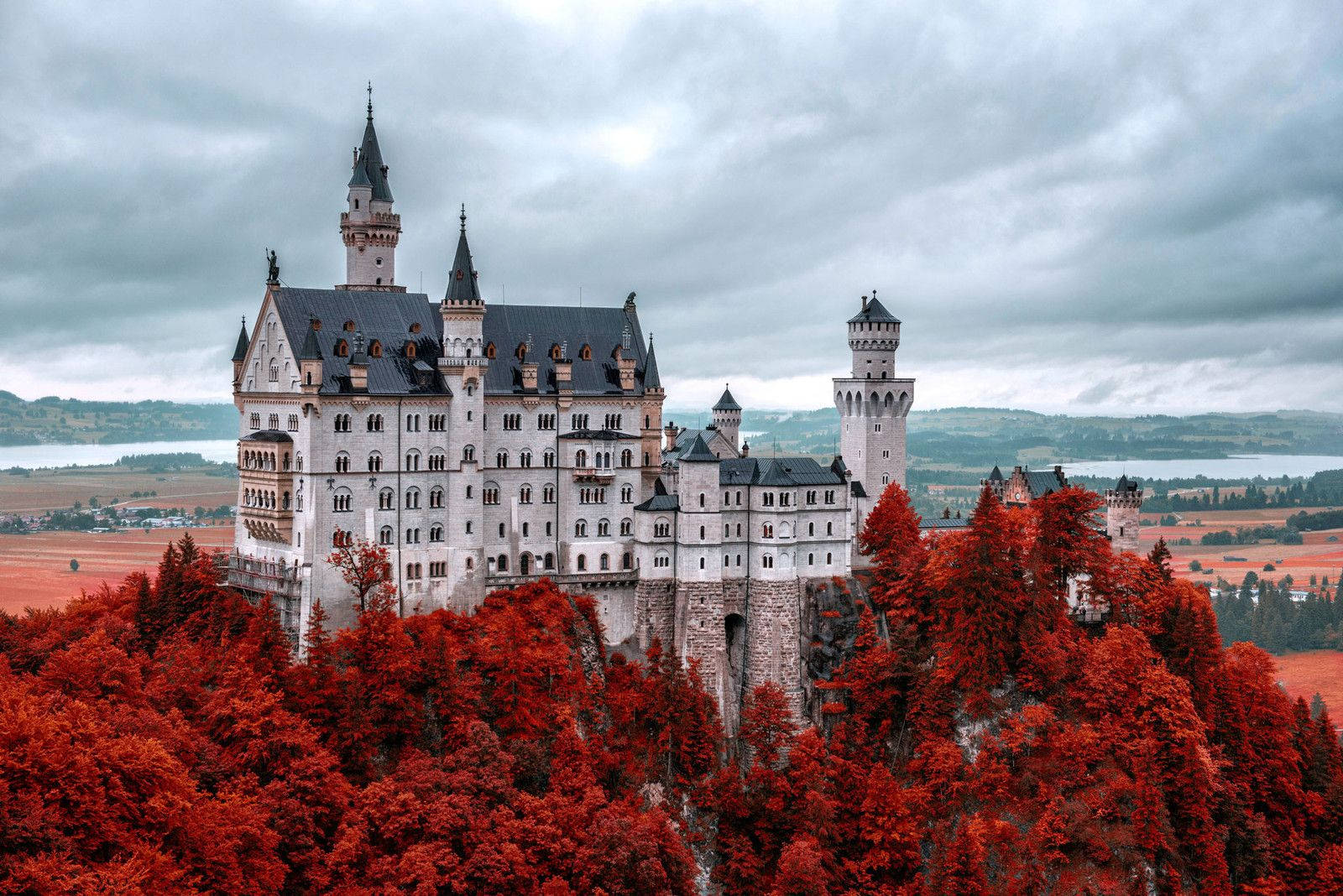 A Castle Surrounded By Red Trees Wallpaper