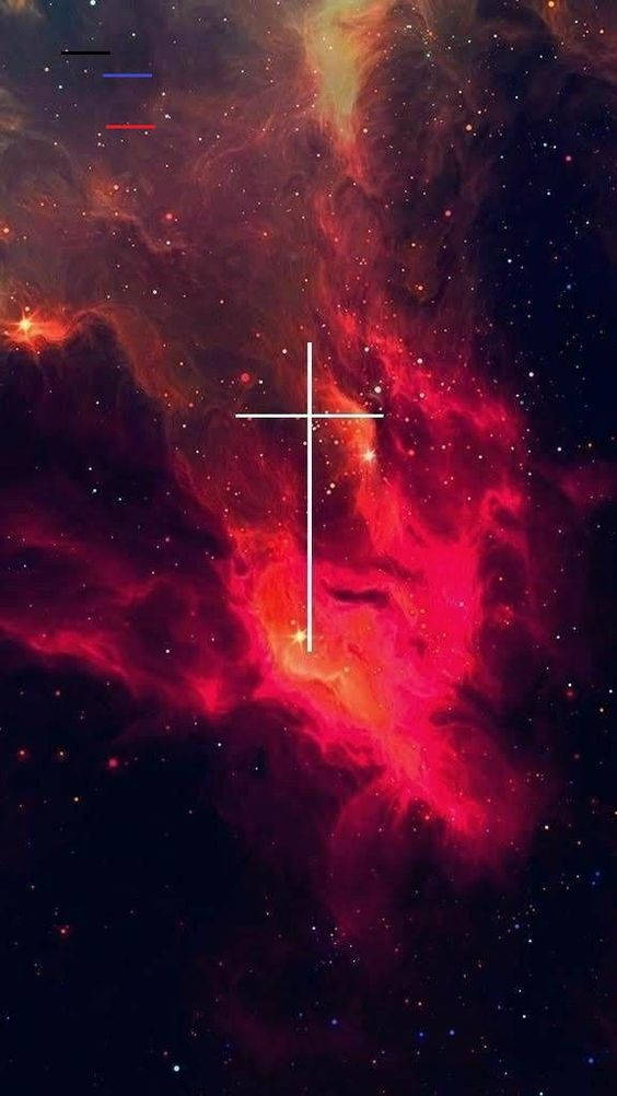 A Cross In The Space With Red And Blue Stars Wallpaper