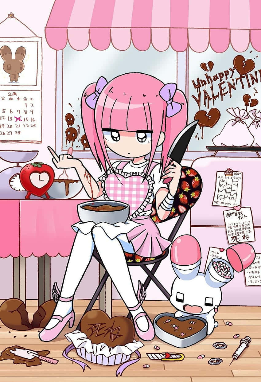 A Girl Sitting In A Kitchen With A Knife Wallpaper