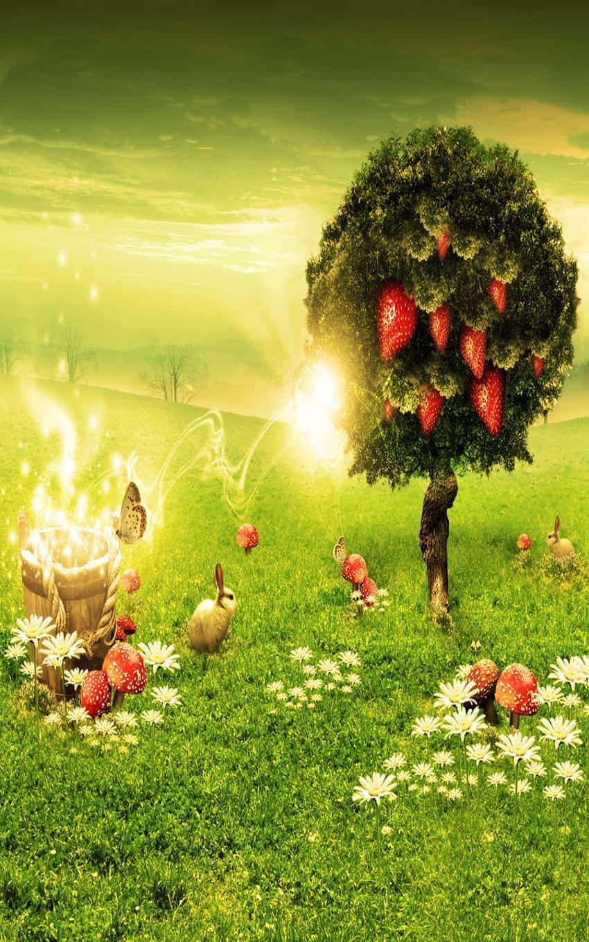 A Green Field With A Tree And Flowers Wallpaper