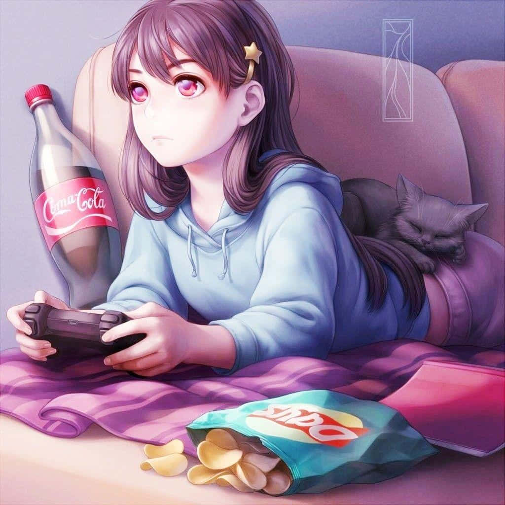 A Kawaii Gaming Girl Enjoying Her Latest Adventure Wallpaper