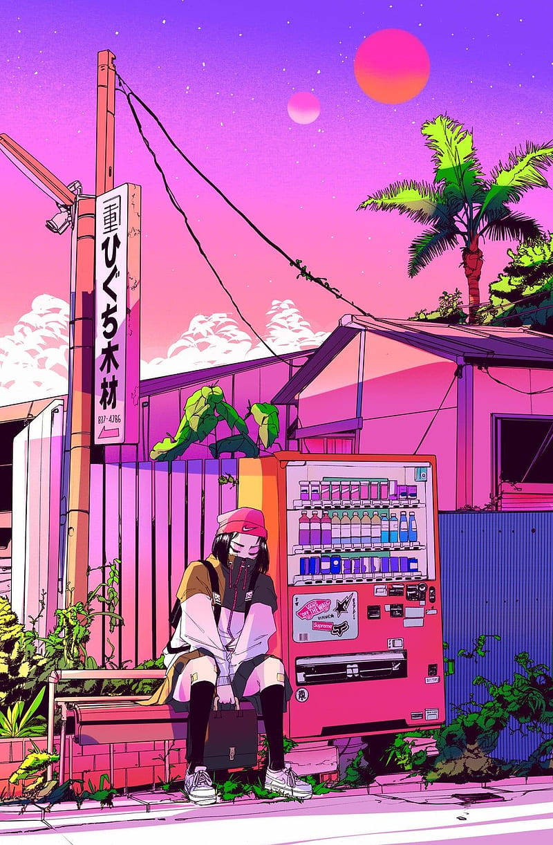 A Man Sitting On A Bench Near A Vending Machine Wallpaper