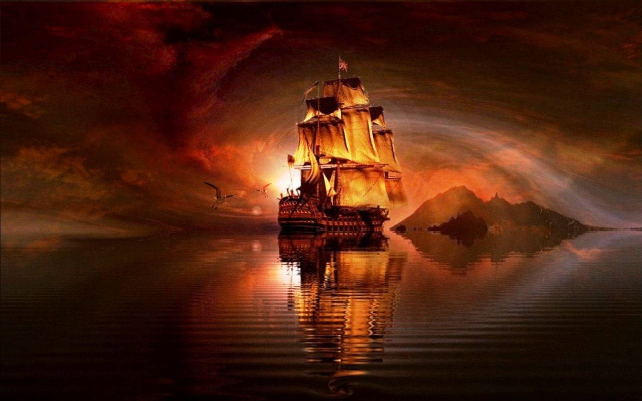A Mysterious Voyage - Pirate Ship Digital Art Wallpaper