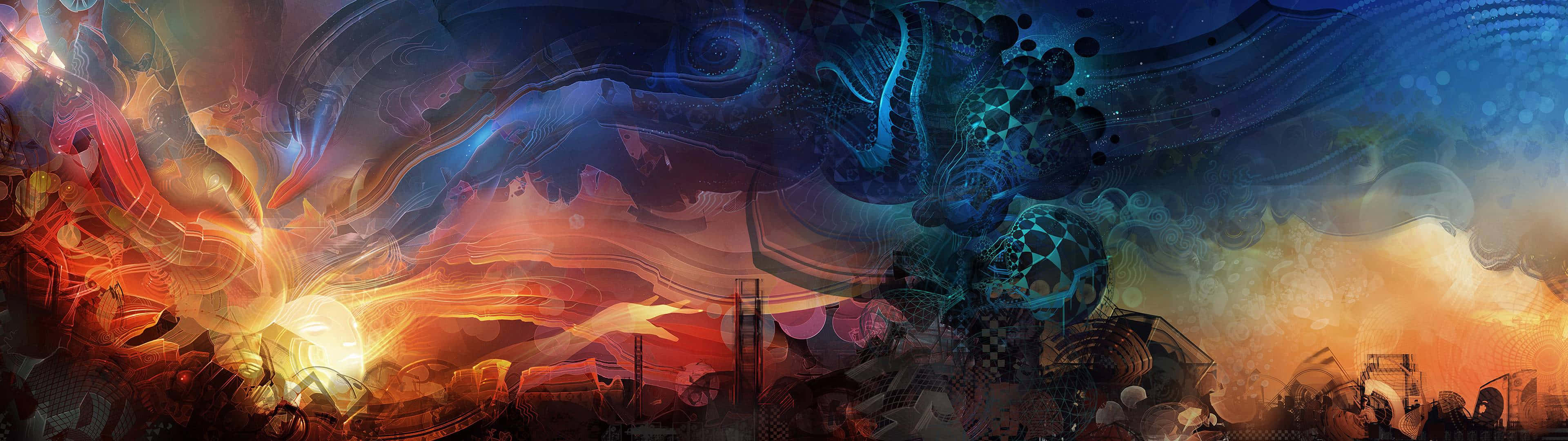A Painting Of A City With A Fire Wallpaper