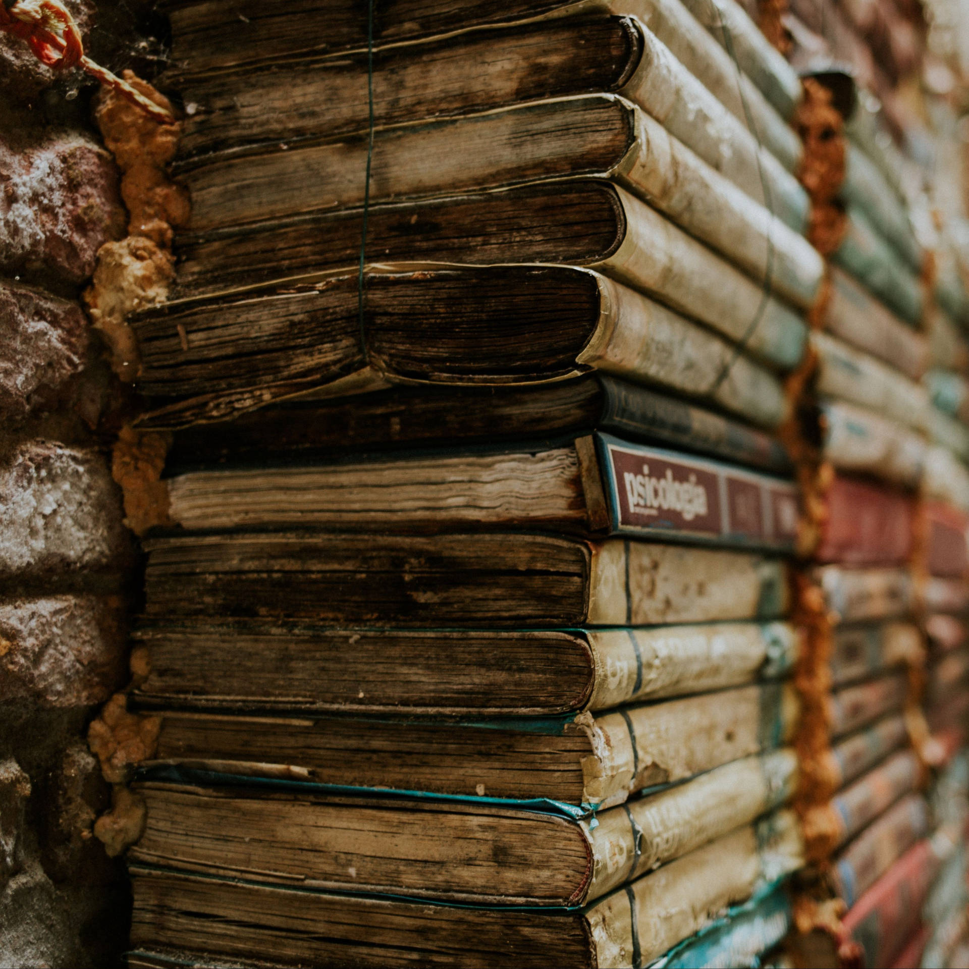 A Pile Of Vintage Books In A Library Wallpaper