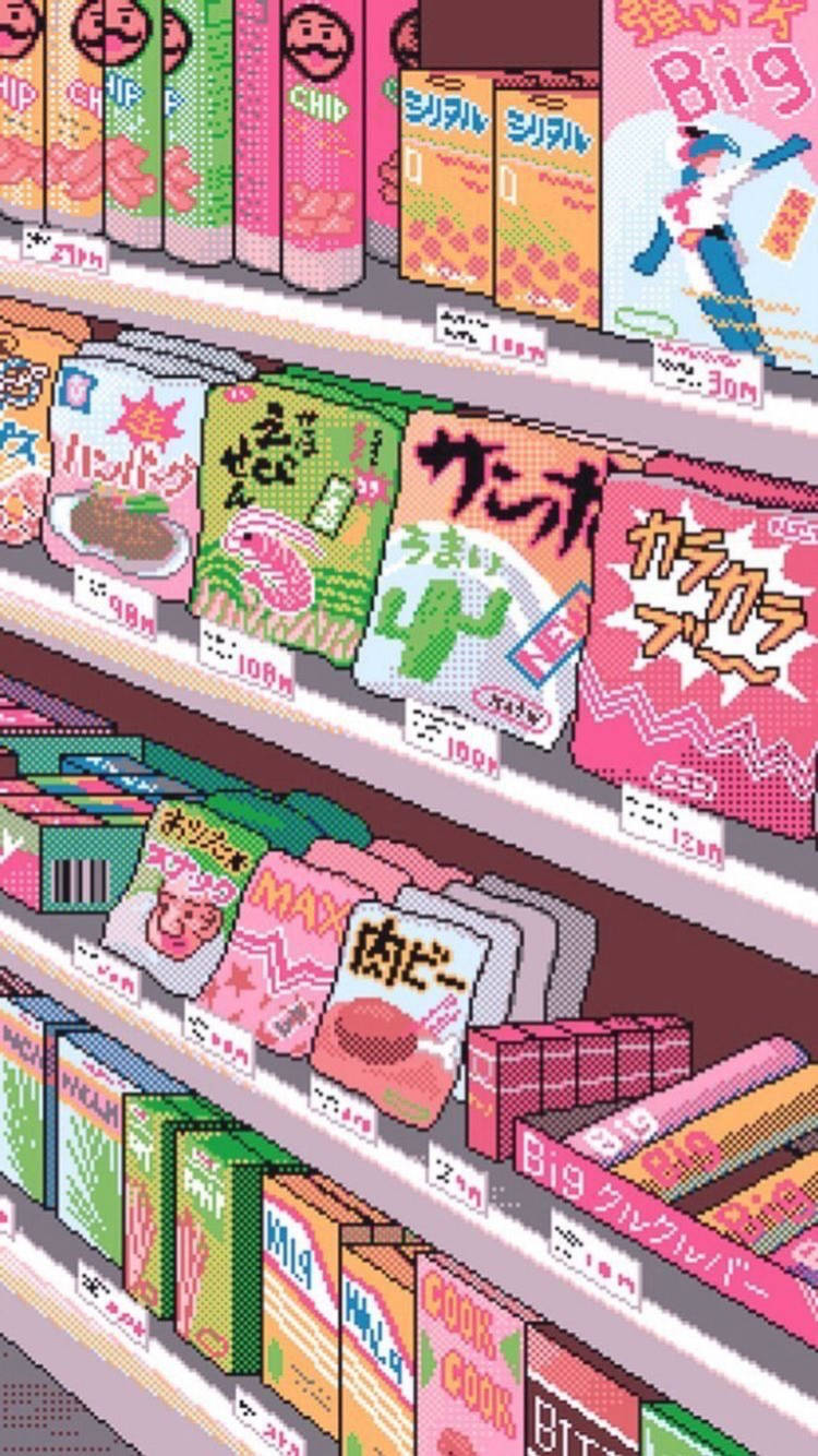 A Pink Shelf With Many Different Kinds Of Candy Wallpaper