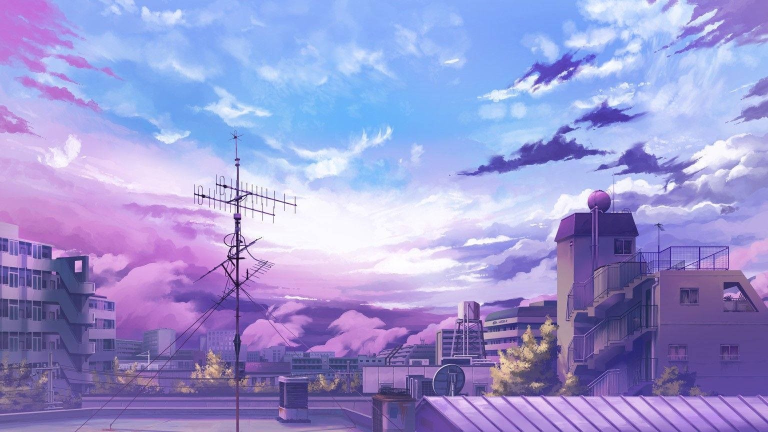 A Purple Sky With Buildings And A Radio Tower Wallpaper