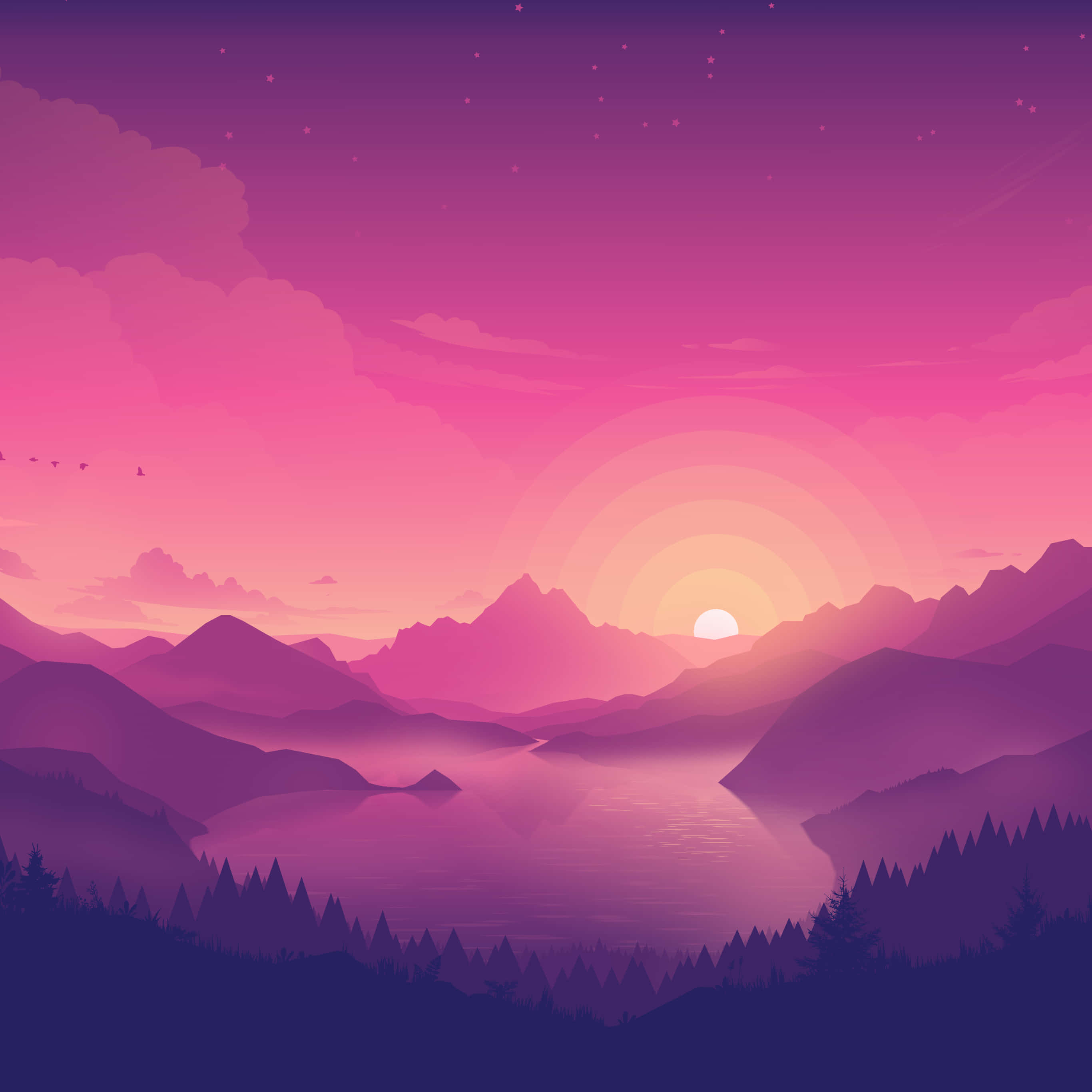 A Purple Sunset With Mountains And A Lake Wallpaper