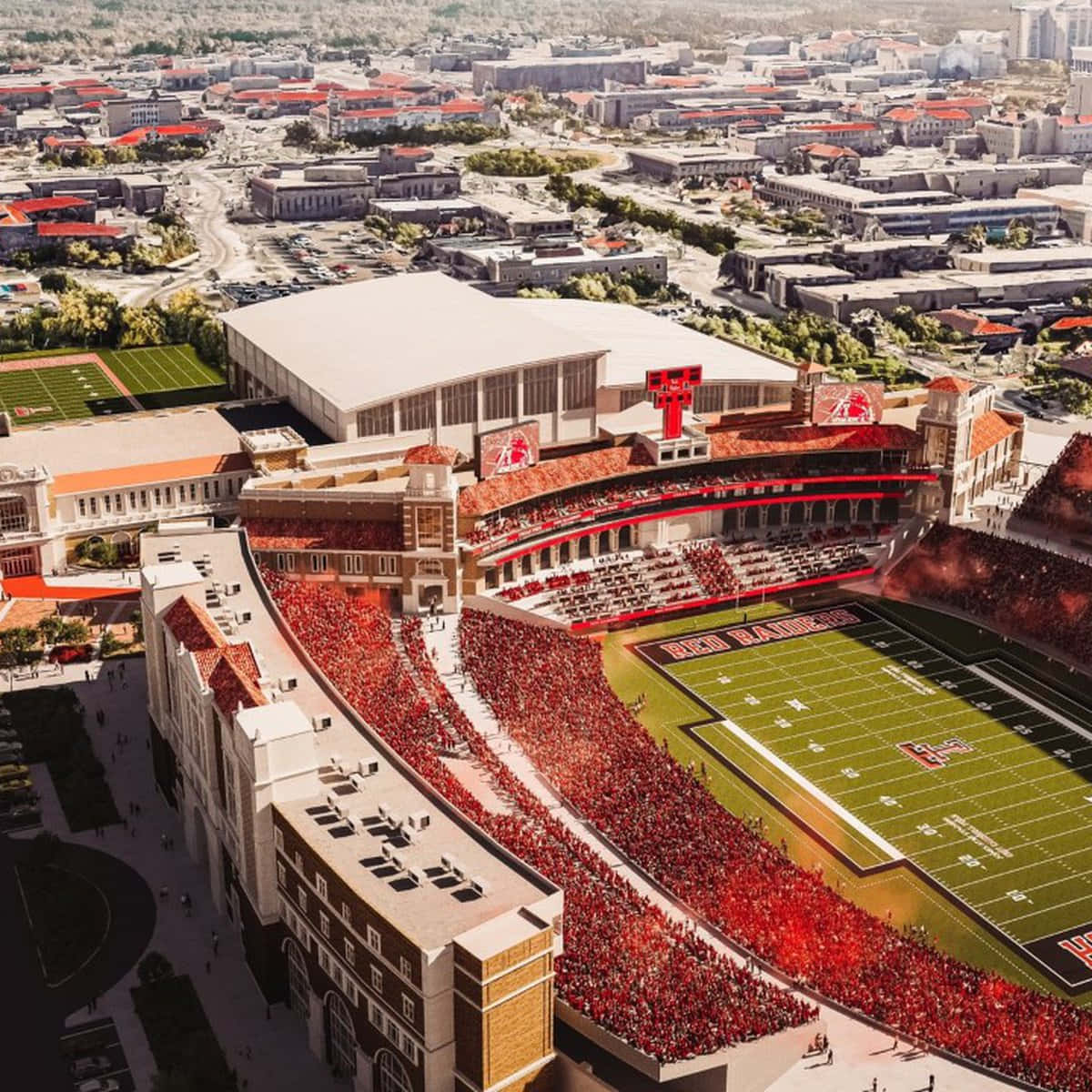 A Rendering Of A Football Stadium With A Red Field Wallpaper