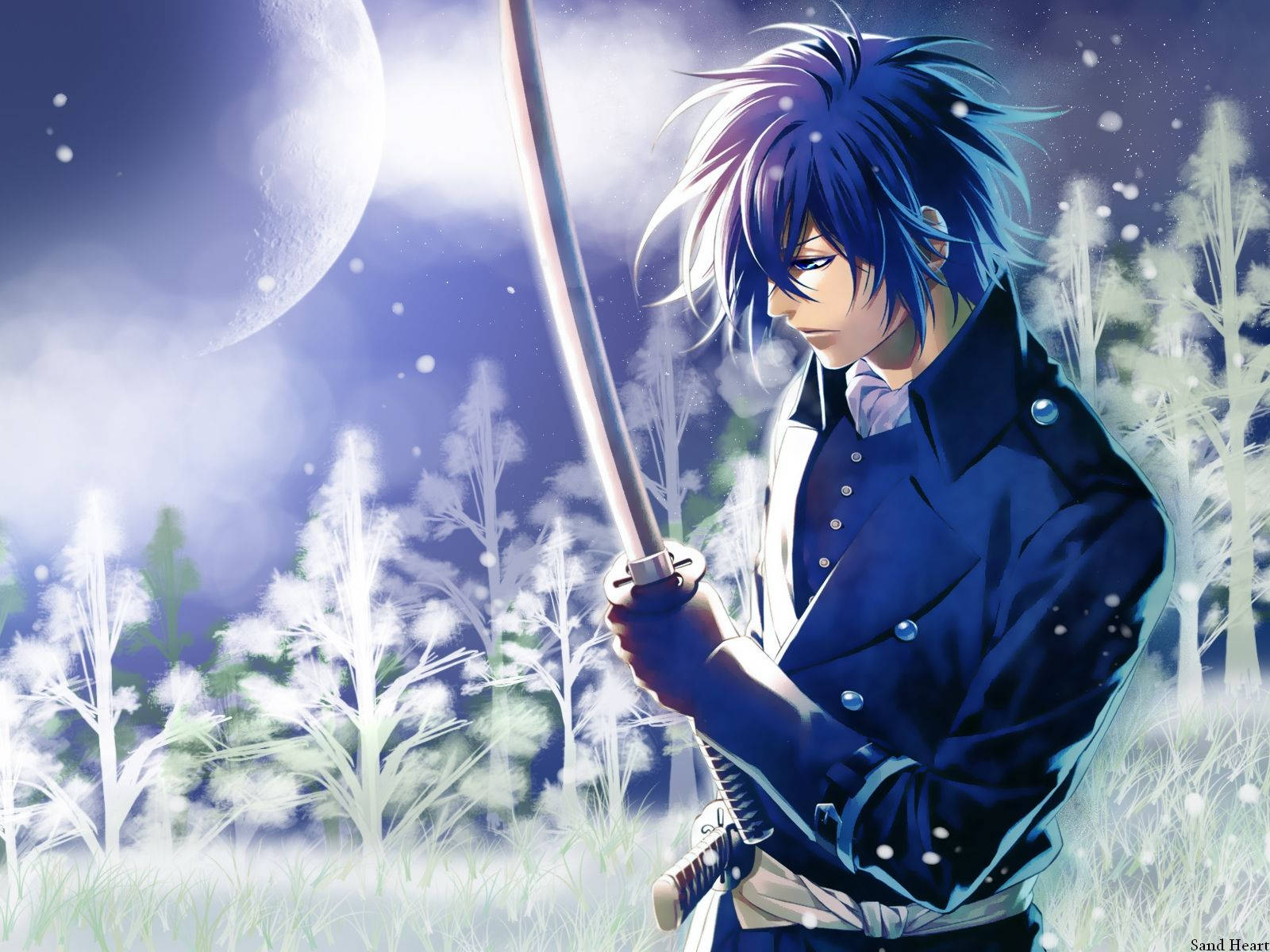 A Sad Anime Blue Boy Sitting In The Moonlight Wallpaper