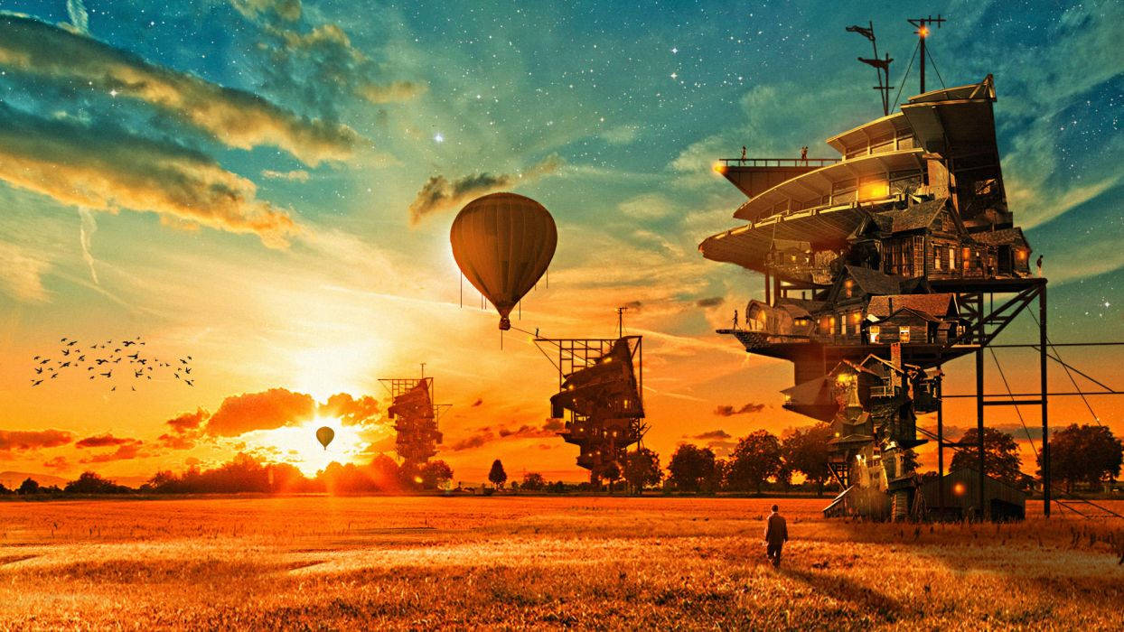 A Steampunk Hot Air Balloon Soars In The Sky Wallpaper