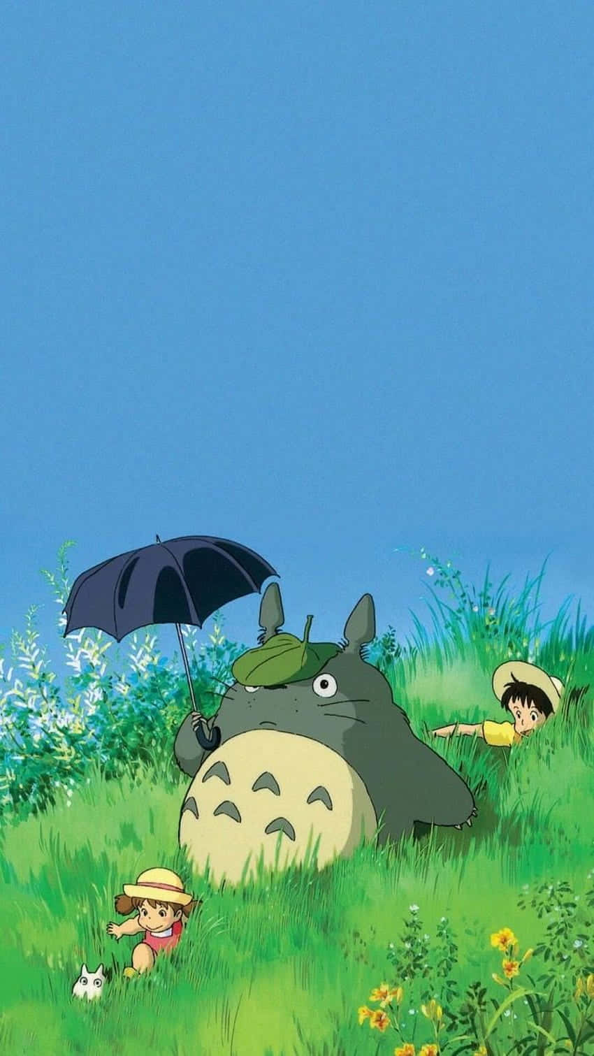 A Totoro And A Girl With An Umbrella In The Grass Wallpaper