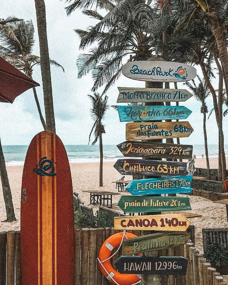 A Vibrant Surfboard Leaning Against A Beach Sign Wallpaper