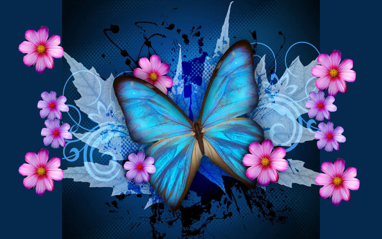 Abstract Blue Butterfly Floral Design Wallpaper