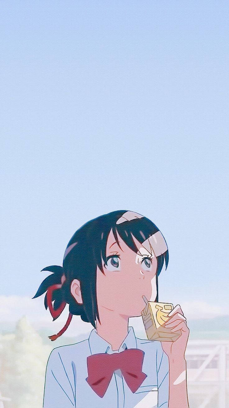 Aesthetic Anime Mitsuha Looking Up Phone Wallpaper