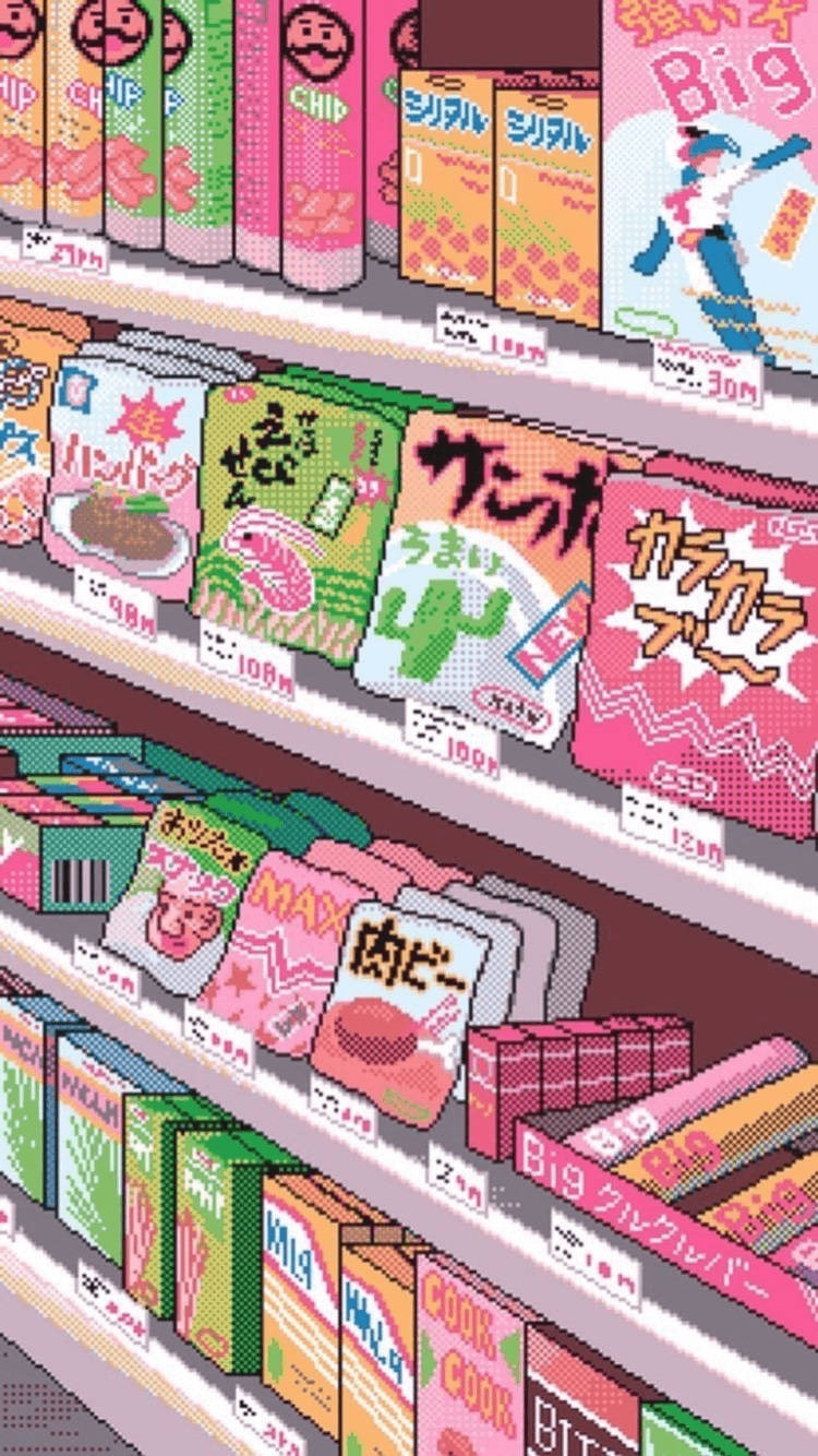 Aesthetic Anime Snacks On Shelf Phone Wallpaper