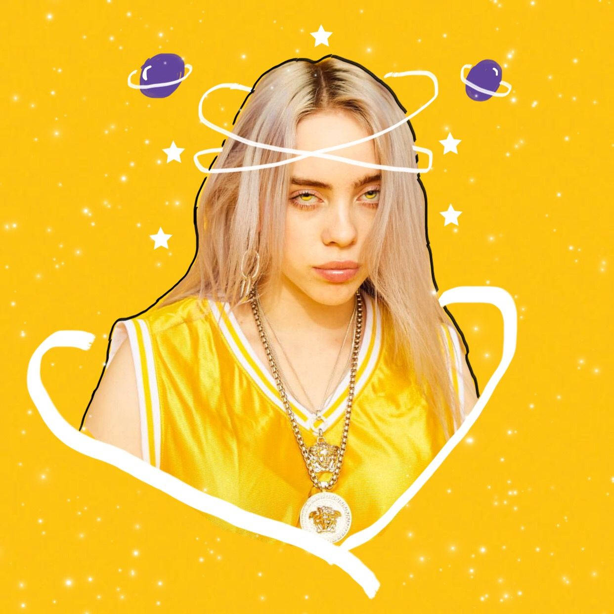 Aesthetic Billie Eilish Yellow Aesthetic Galaxy Doodles Wallpaper