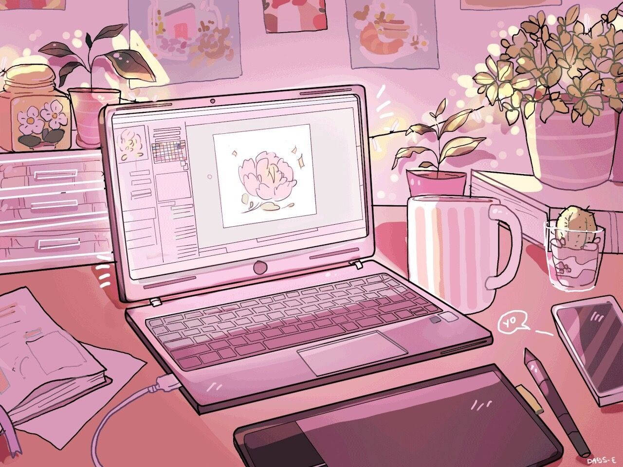 Aesthetic Girly Work From Home Setup Wallpaper