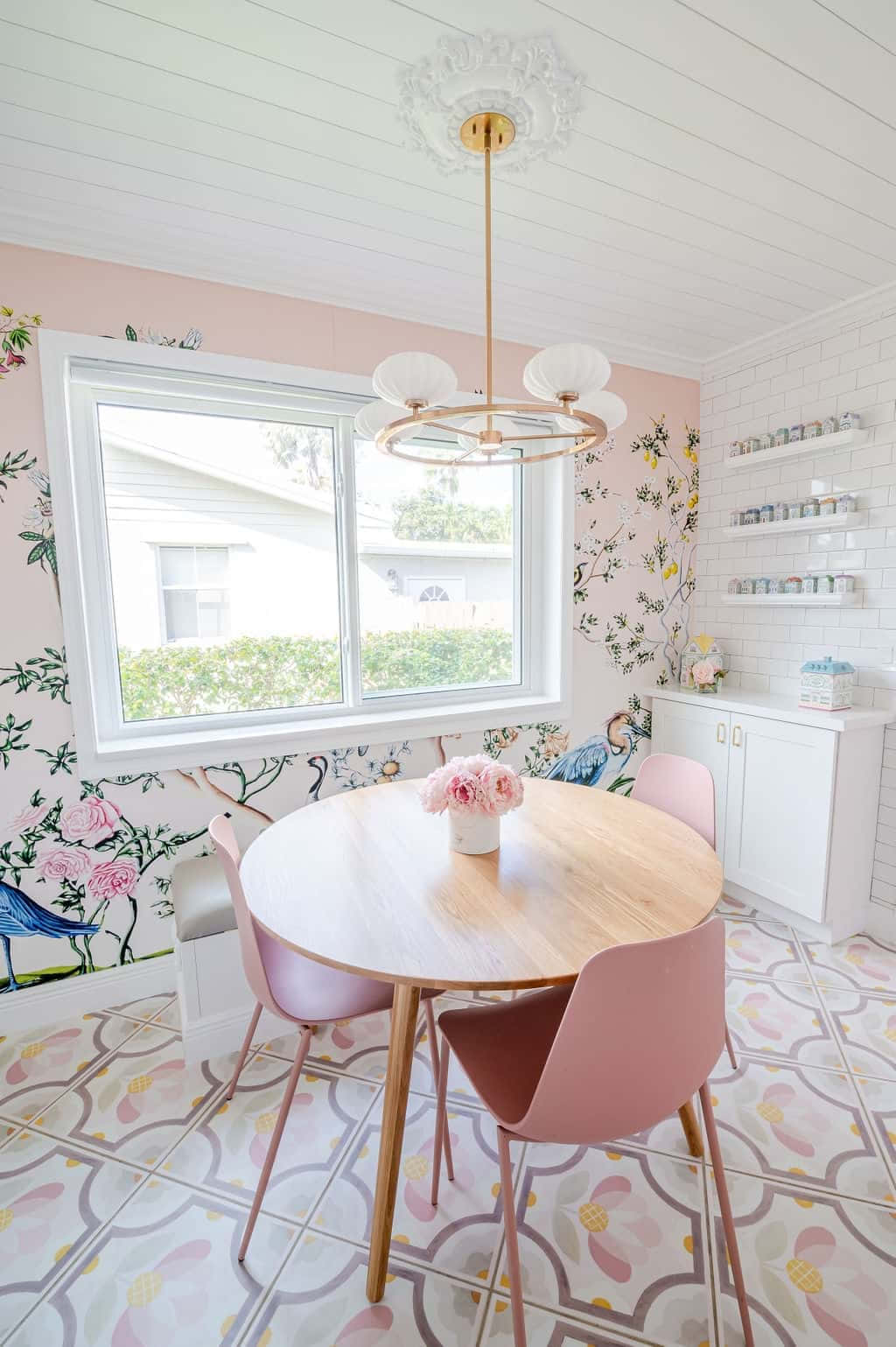 Aesthetic Pink And Yellow Flowers With Branches On Wall Wallpaper