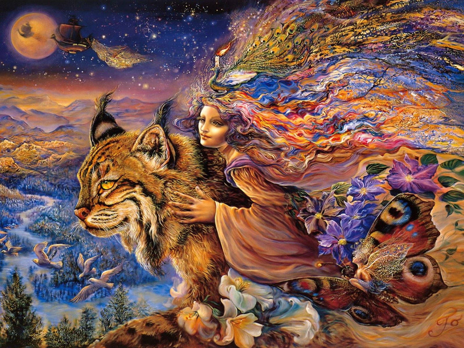 Allure Of Nature: Woman Adorned With Lynx Art Painting Wallpaper