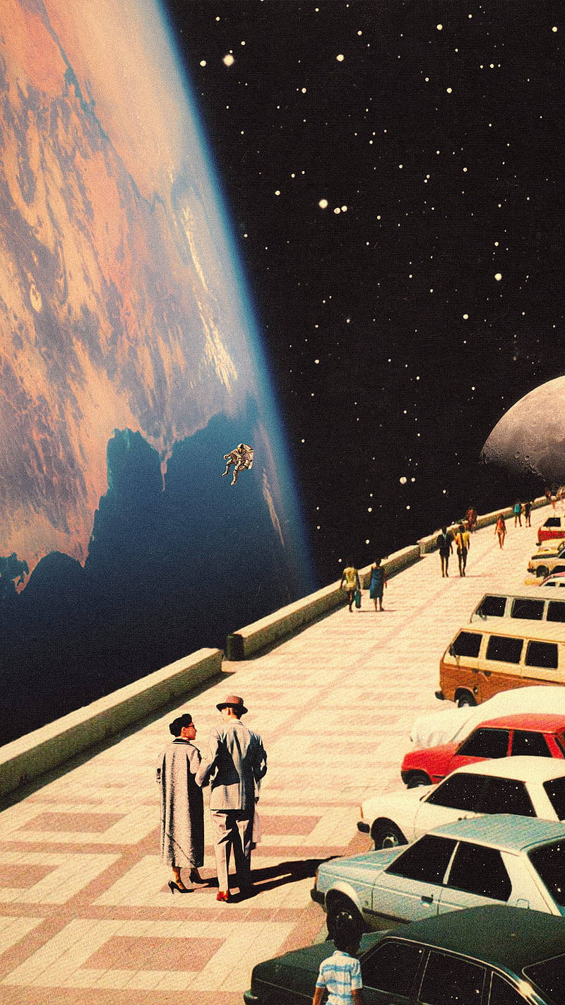 An Astronaut Takes A Stroll Through A Retro Space Station Wallpaper