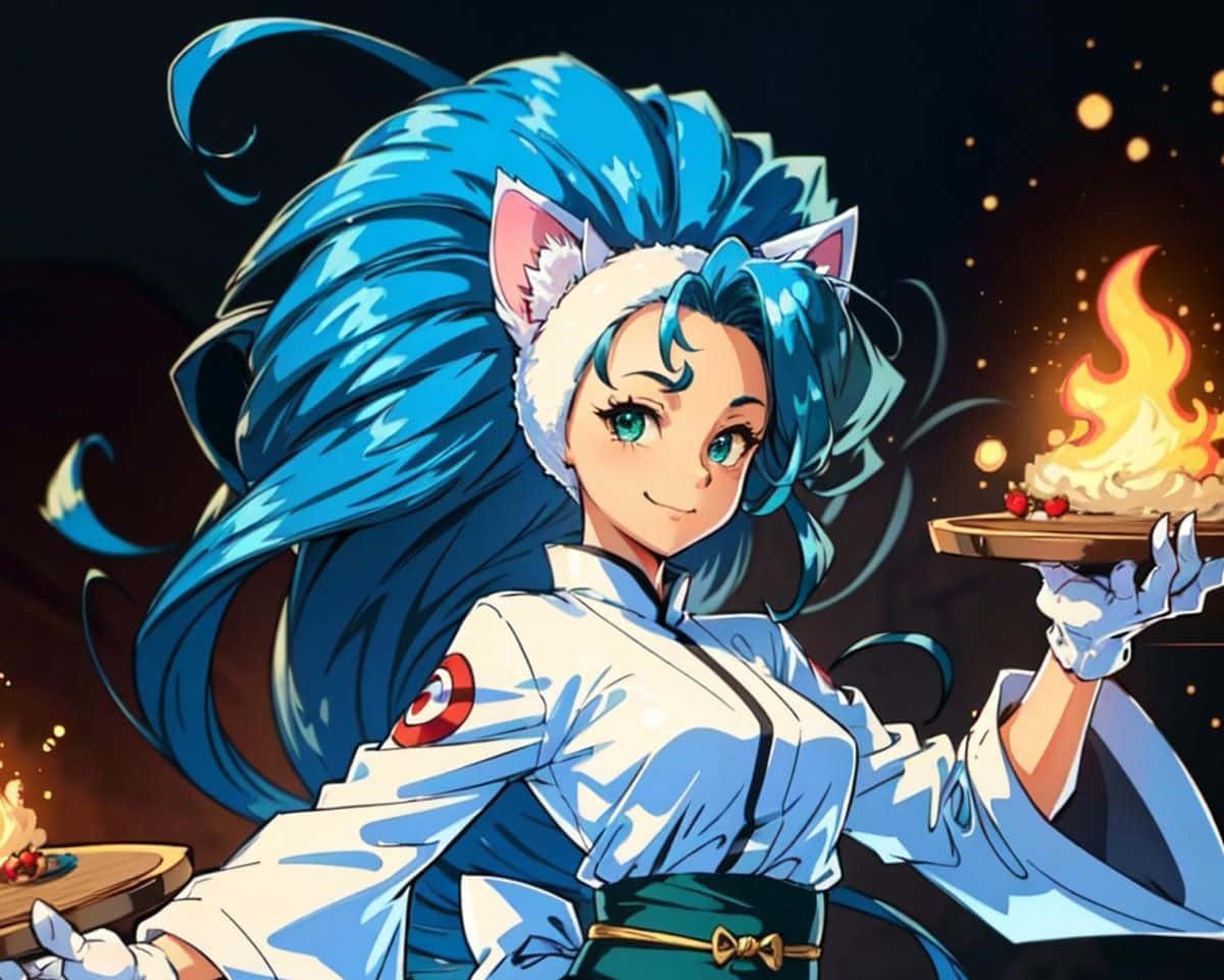 Animated Catgirl Chefwith Blue Hair Wallpaper