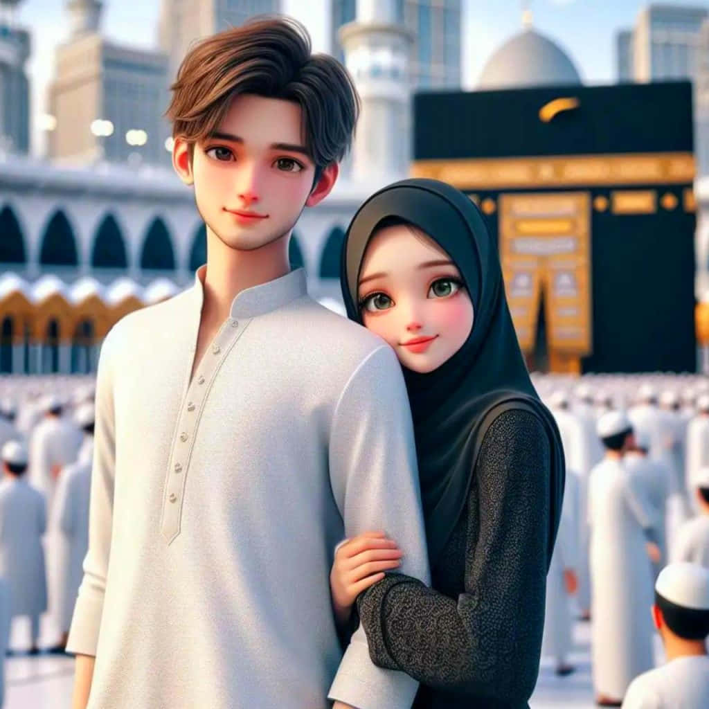 Animated Muslim Coupleat Hajj Wallpaper