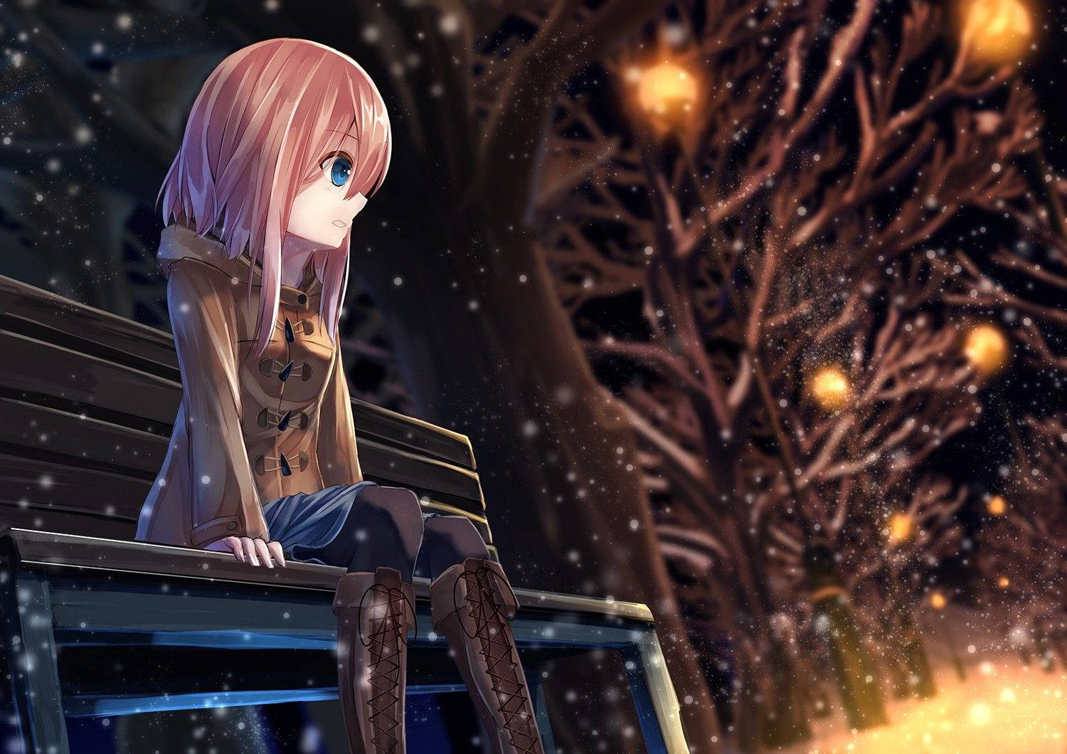 Anime Girl Sad Alone On Park Bench Wallpaper