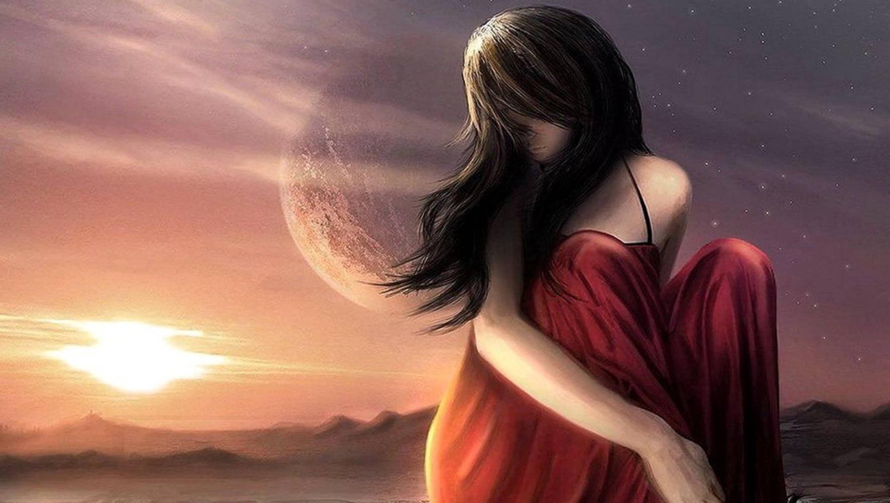 Anime Girl Sad Alone Red Aesthetic Moon Wallpaper