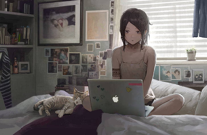 Anime Girl Working With Laptop On Bed Wallpaper