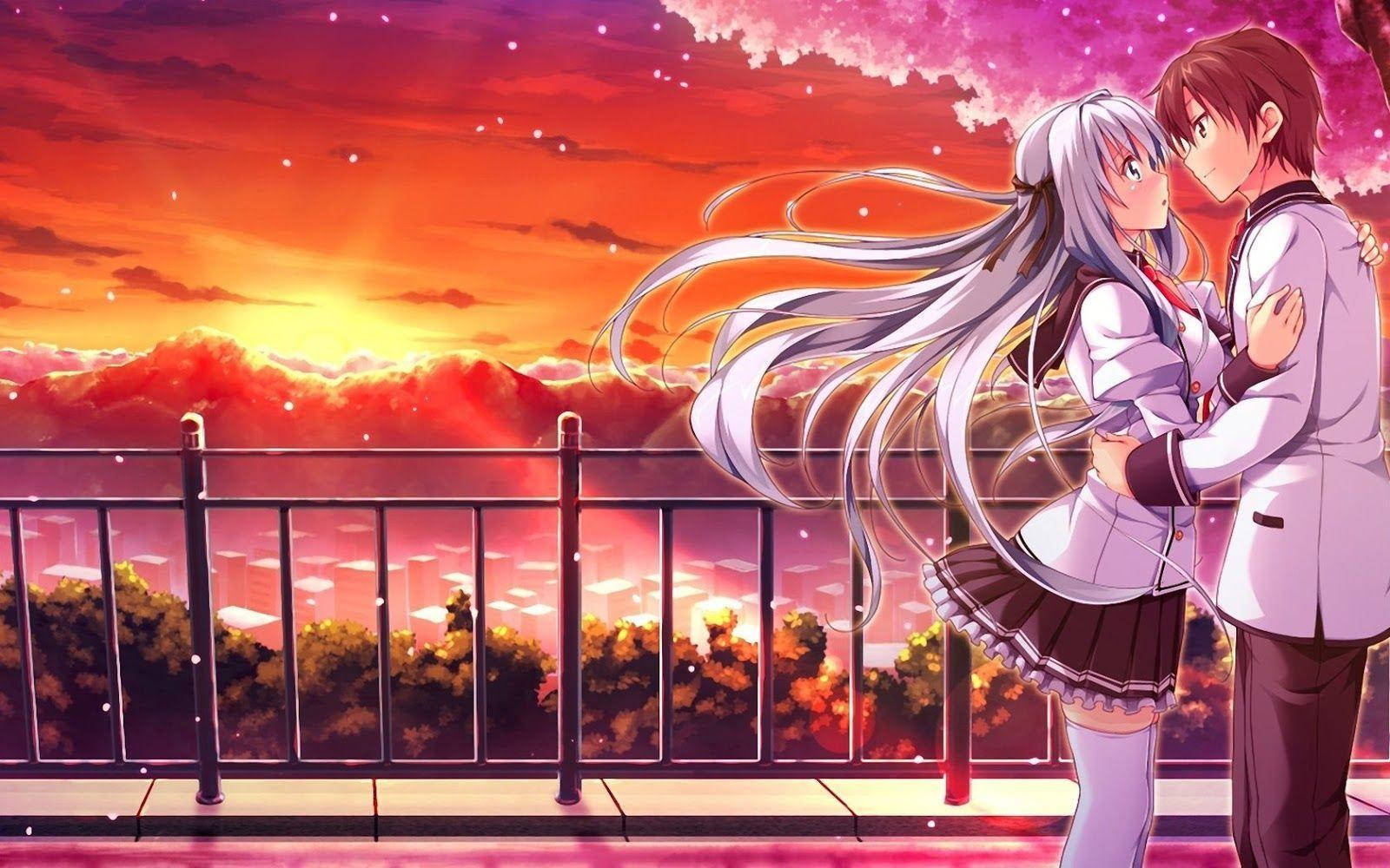 Anime School Scenery Cute Couple Rooftop Sunset Wallpaper