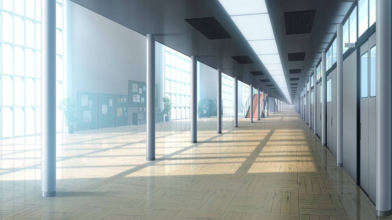 Anime School Scenery Wide Hallway Wallpaper