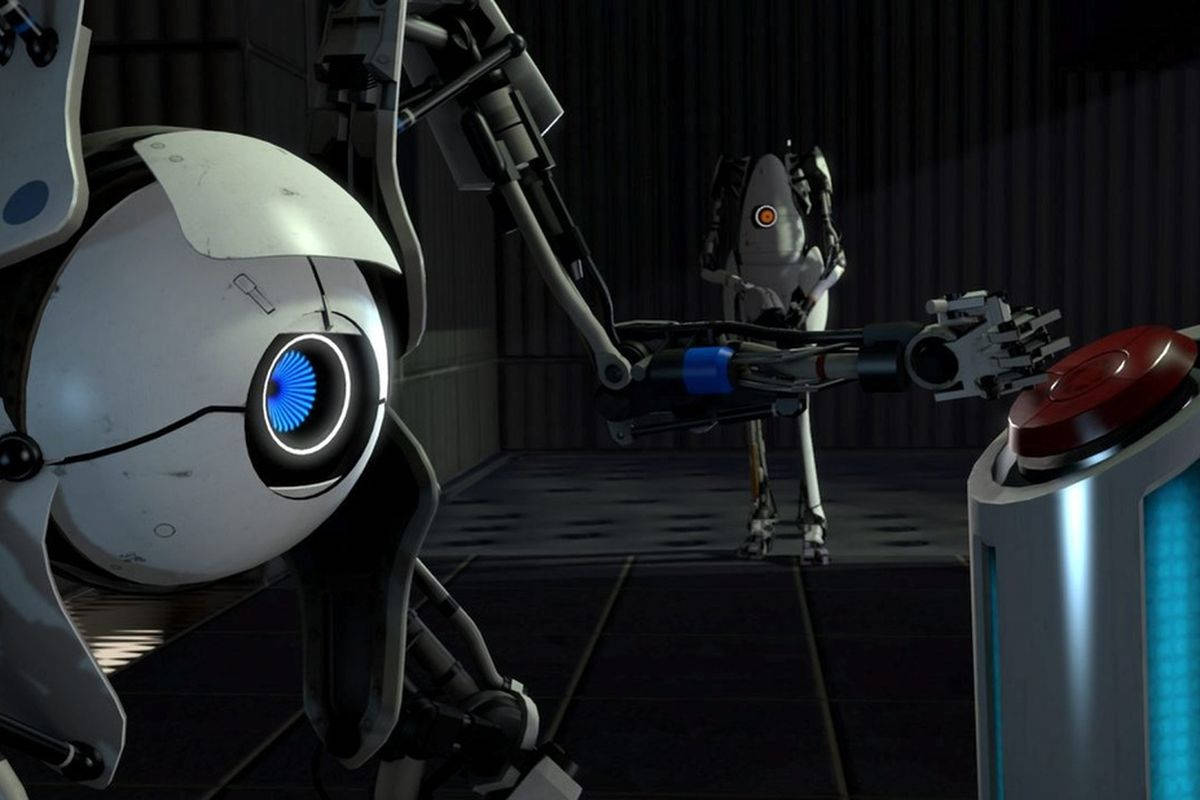 Atlas Pressing A Red Button Portal 2 Dual Screen Wallpaper