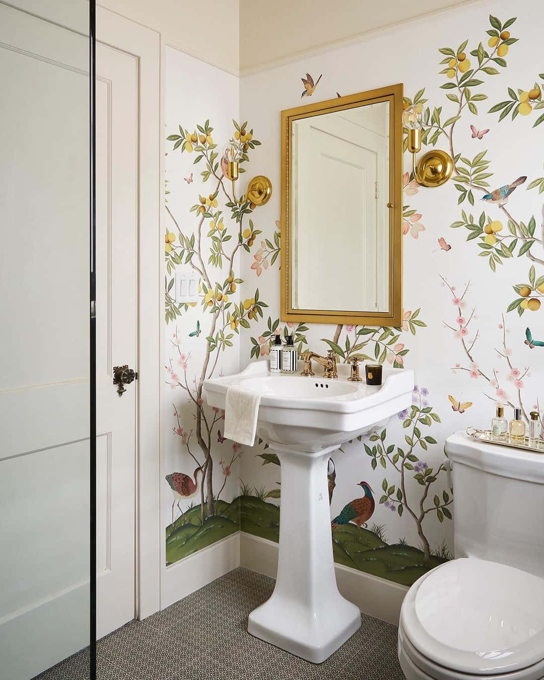 Bathroom Golden Mirror Frame Flowery Wall Wallpaper