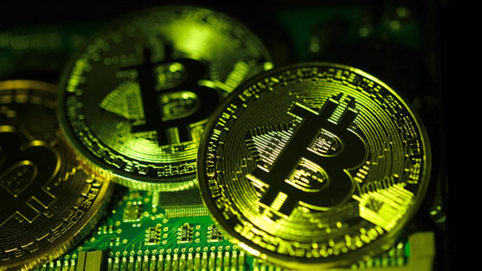 Bitcoins On Green Motherboard Crypto Background Wallpaper