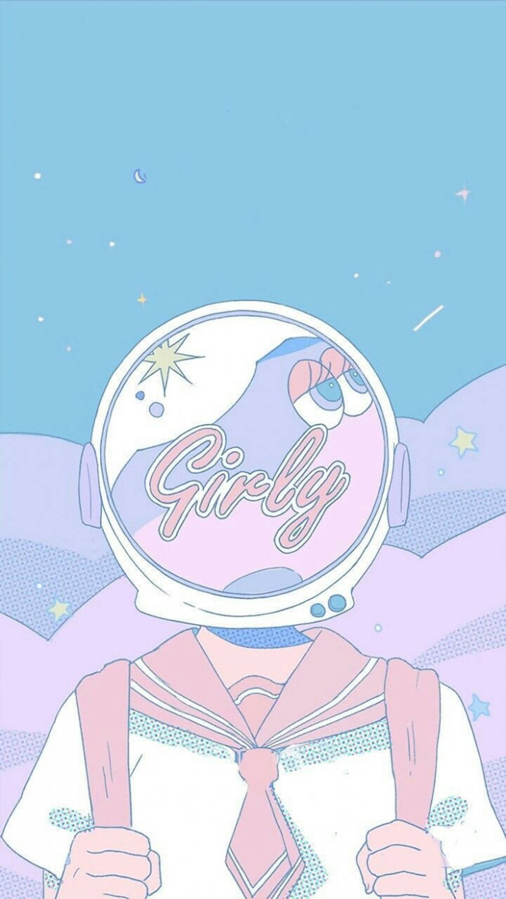 Blue Anime Pastel Girl With Helmet Aesthetic Wallpaper