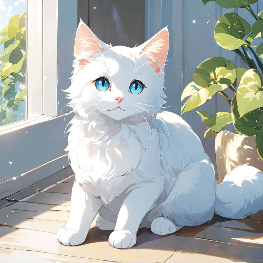 Blue Eyed White Cat Sunlit Window Wallpaper